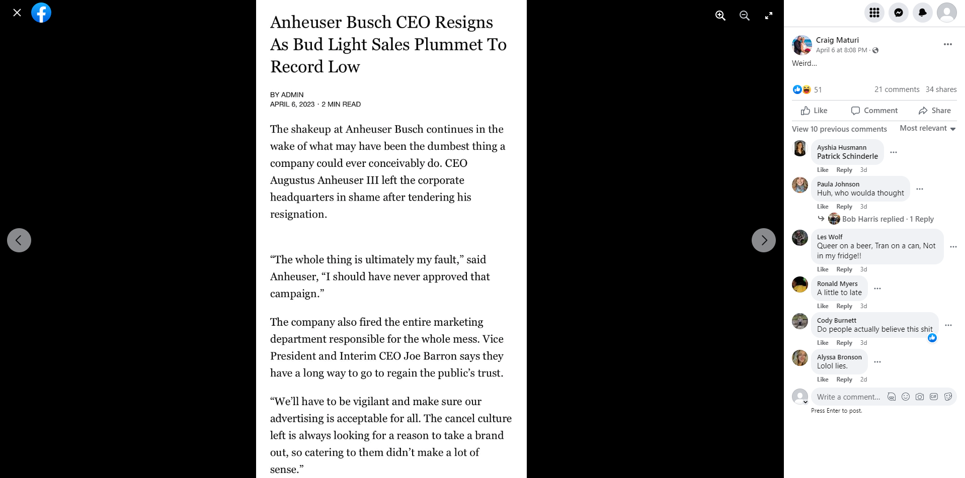 Fact Check AnheuserBusch CEO Did NOT Resign After 'Record Low' Sales